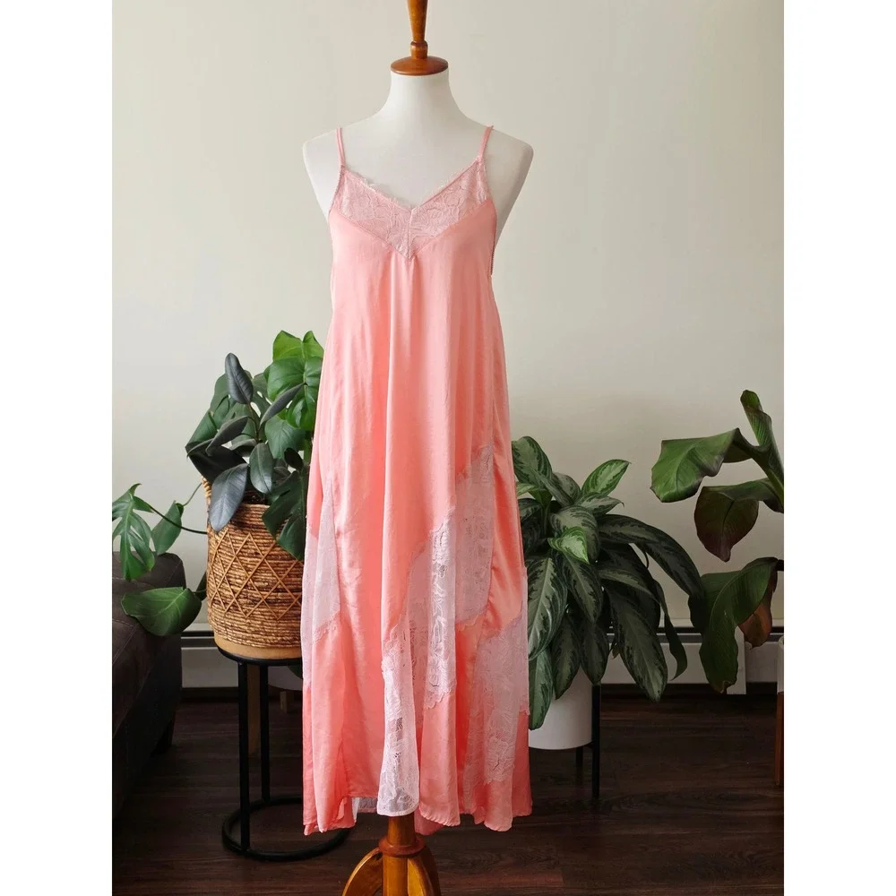 Intimately Free People Coral Pink Lace Maxi Slip Dress XS Boho Lingerie Style‎